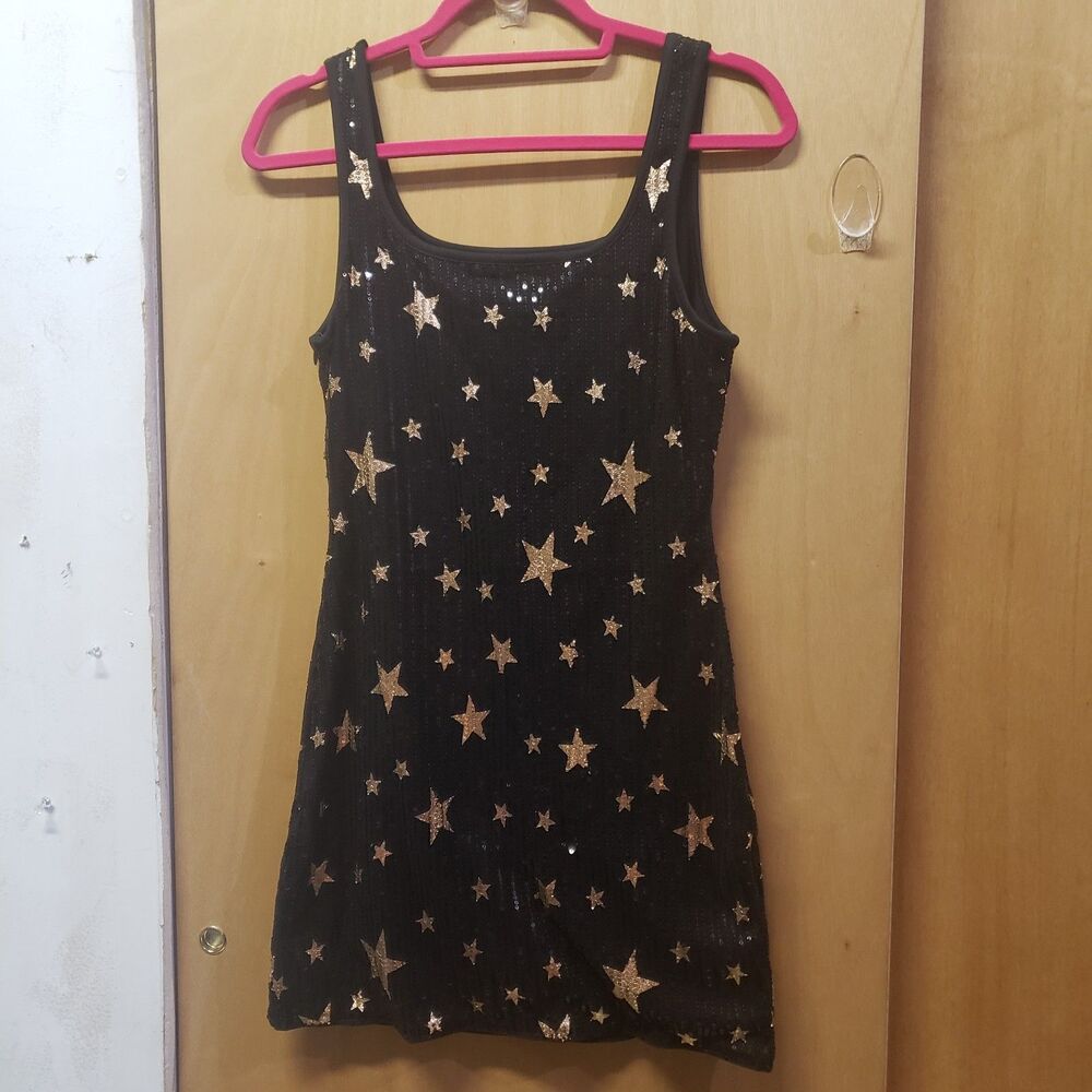 SHEIN Black Sequin Star Sleeveless Sheath mini Dress Sz 6 Shoulder-hem 31.5"